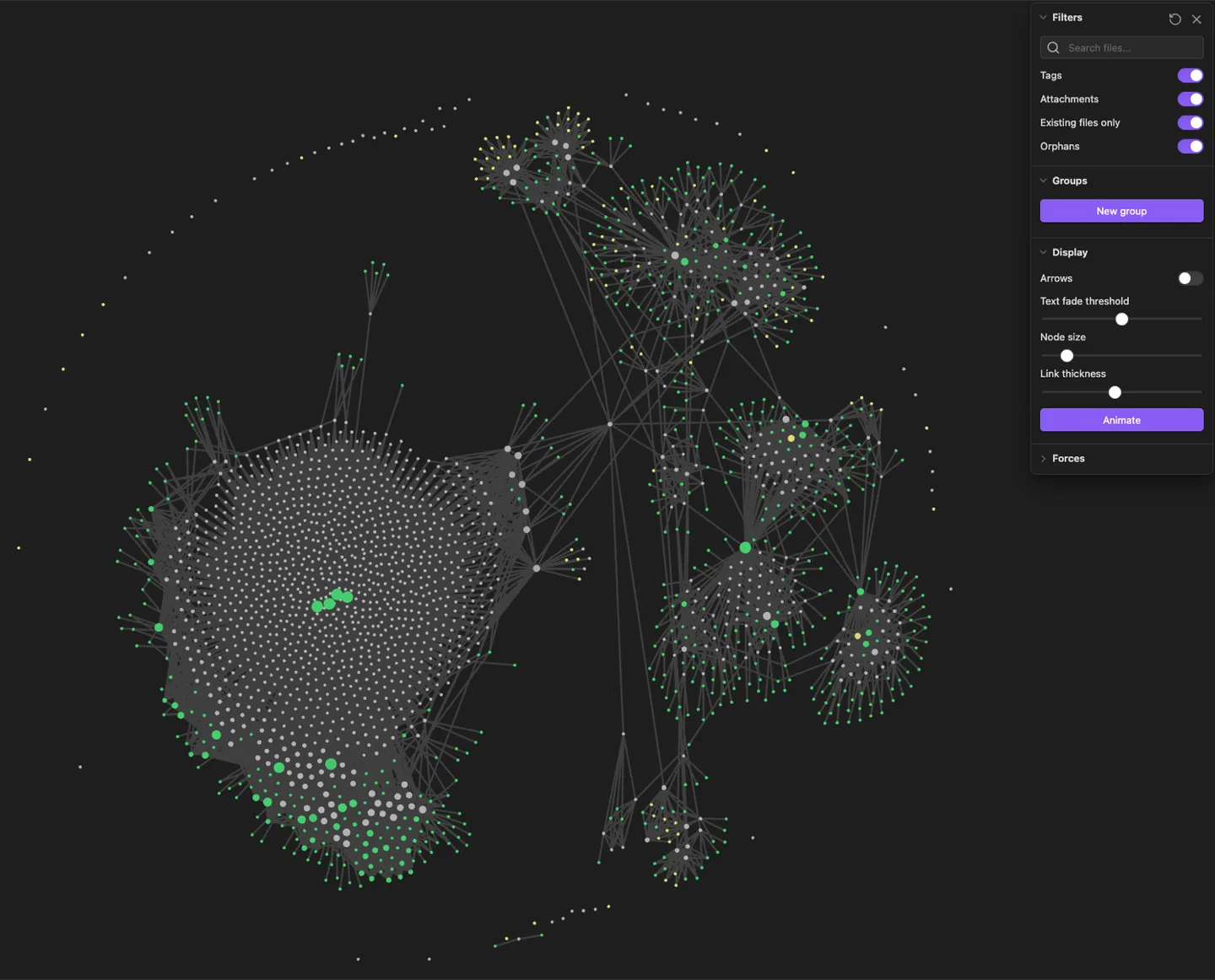The knowledge base in Obsidian's graph view. Gray dots are source and wiki notes, green dots are tags, and yellow dots are attachments like images. Notes on the same topic clump into clusters, with wikilinks and tags bridging between them.